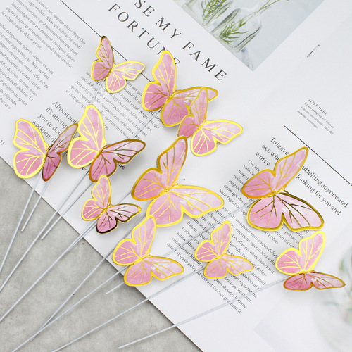 Beautiful ins style hot gold edge paper three-dimensional pink purple wire butterfly baking cake decoration ornaments plug-in