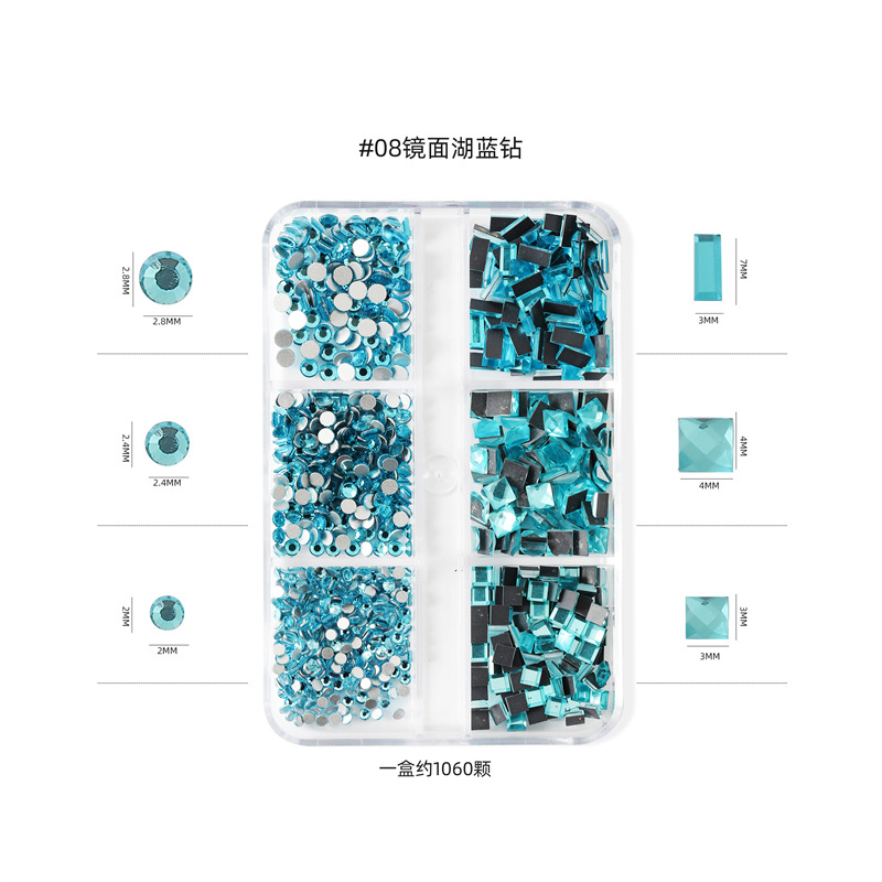 Nueva celebridad de Internet de uñas de diamante plano Super Flash espejo especial en forma de diamante mezclado pequeño diamante AB cuadrado transparente 6 traje de rejilla