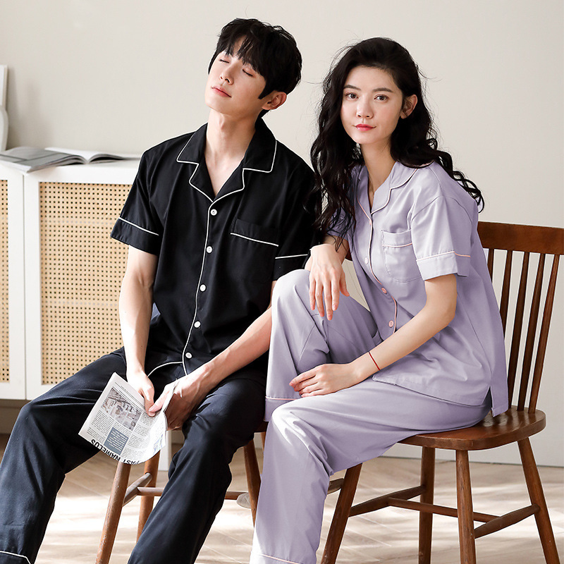 Youth Couple Pajamas Women's Summer Short-sleeved Trousers Cardigan Simple Pure Cotton Casual Solid Color Home Clothes for Men and Women