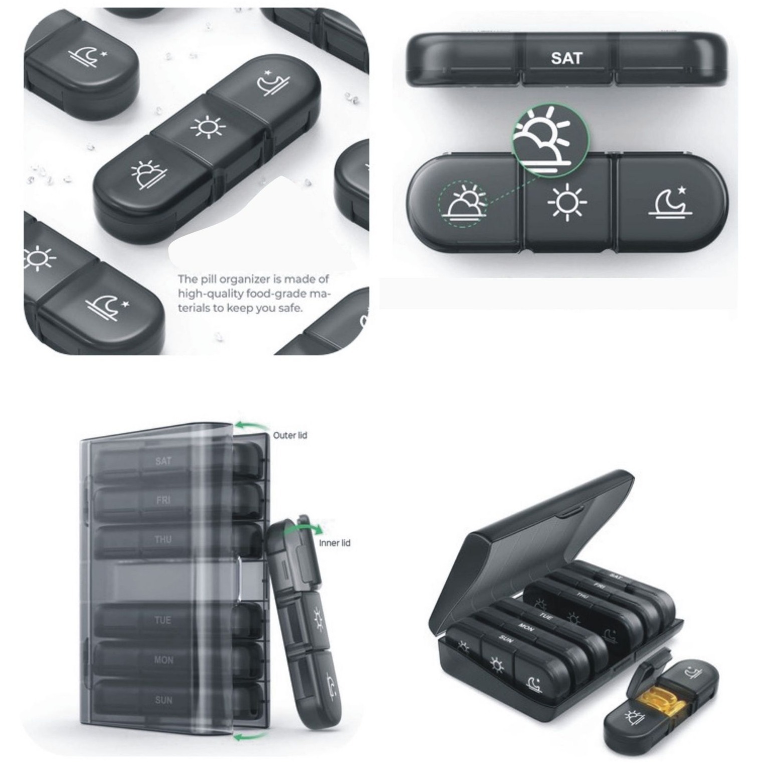 Caja de Medicina de compartimiento de plástico portátil Amazon nueva venta caliente 21 rejilla caja de medicina negra caja de clasificación siete días a la semana