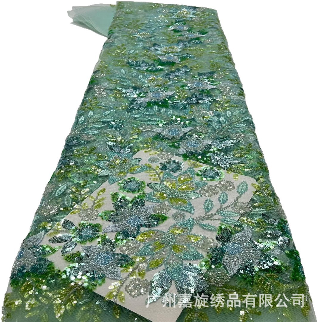 Encaje 3D con flores bordadas en relieve, cuentas, lentejuelas de encaje, vestido, vestido de novia, tela para ropa de espectáculo.
