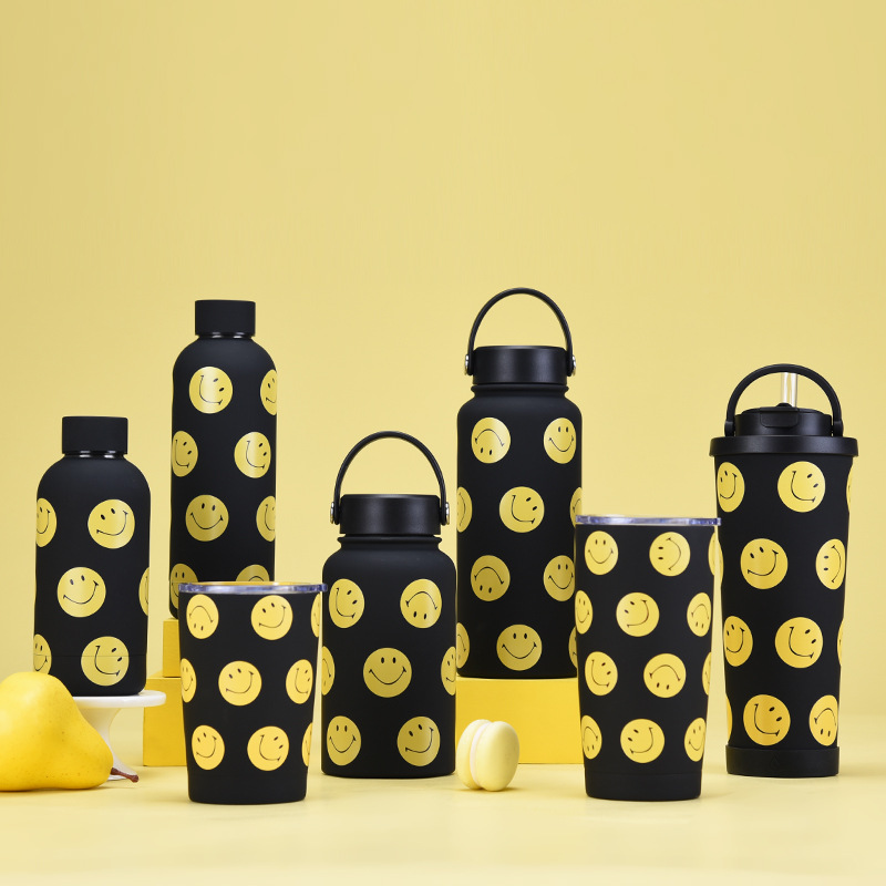 Nuevo tema sonriente de acero inoxidable termo taza con leche de paja taza de té taza de café traje mango deportes taza de agua