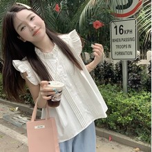 法式小飞袖白色格子衬衫小众女夏季无袖显瘦甜美娃娃衫短款上衣