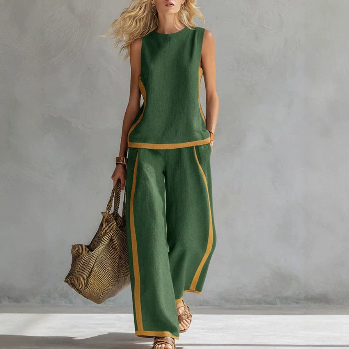 Women's Color-Block Wide-Leg Jumpsuit Casual Summer Two-Piece Set Sleeveless Comfortable Lounge Outfit with Contrast Trim_ecoleips.com