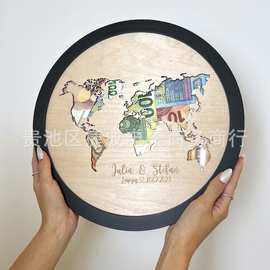 世界地图金钱礼物用于婚礼生日世界地图婚礼旅行圆形相框