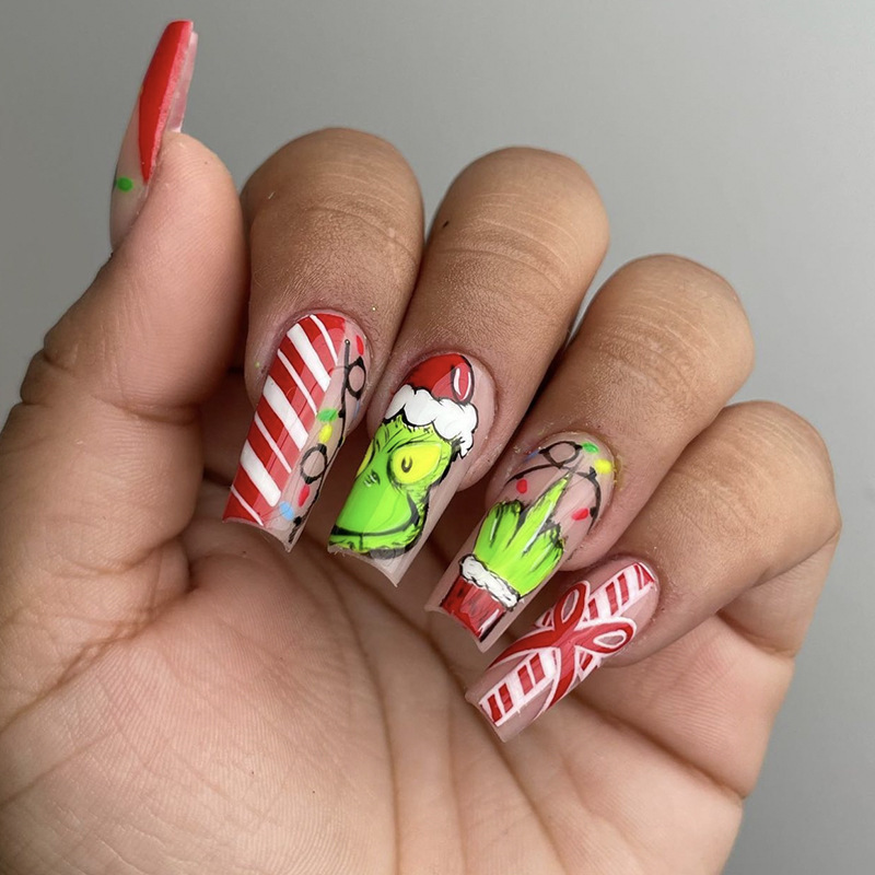 Mid-length Grinch Christmas bow fake nails red New Year nail beauty piece wearable Christmas hat nail piece