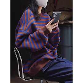 大码设计条纹卫衣女春秋季新款胖mm宽松显瘦遮肚慵懒风上衣300斤