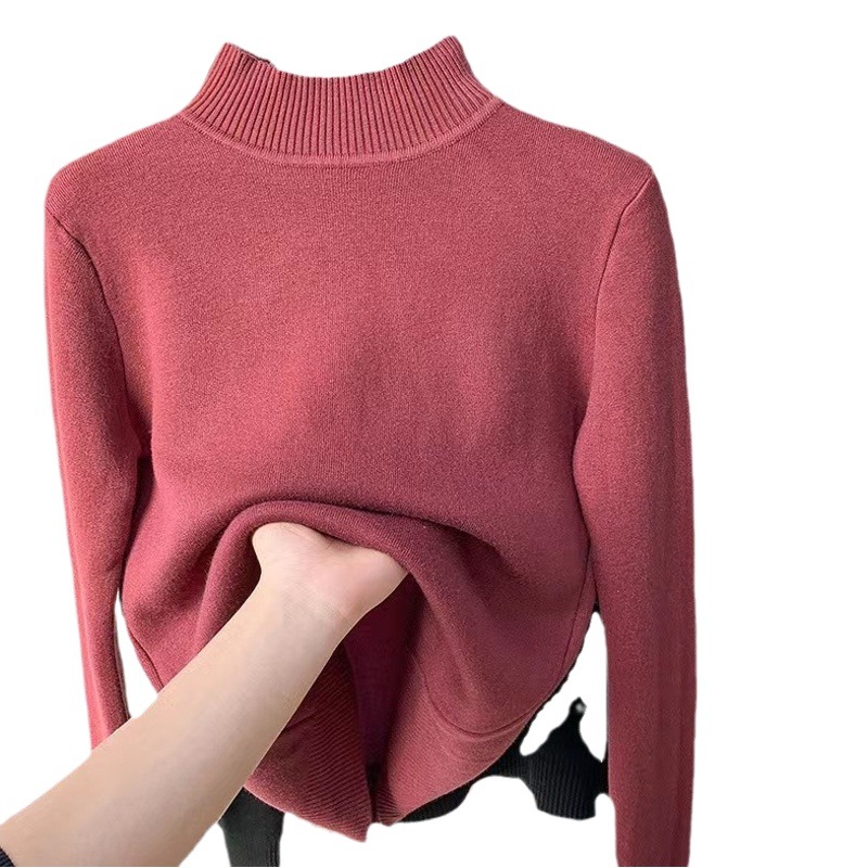 Las mujeres de medio cuello de tortuga de una sola pieza de terciopelo camisa de fondo suéter de desgaste interior de otoño e invierno suéter de visón de punto forrado de lana de visón de imitación de visón