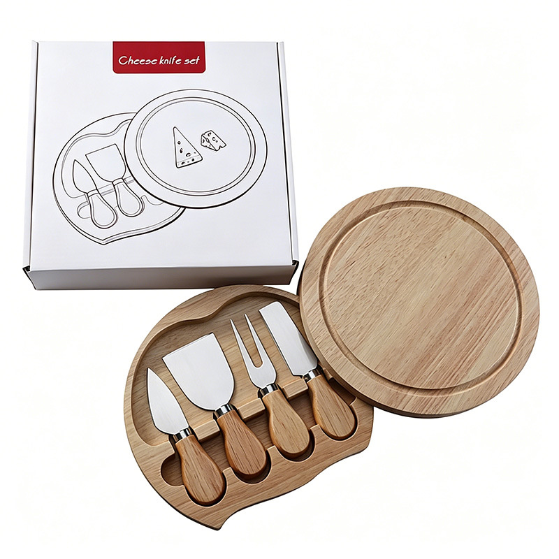 Caja de madera redonda de goma transfronteriza cuchillo de queso pizzeria pan snack platos de comidas occidentales cuchillo de queso conjunto bandeja