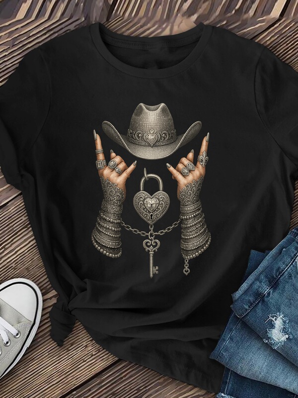 European size cotton T-shirt for women with denim pattern - Western country music festival themed shirt - burgundy metallic European size cotton T-shirt for women with denim pattern - Western country music festival themed shirt - burgundy metallic