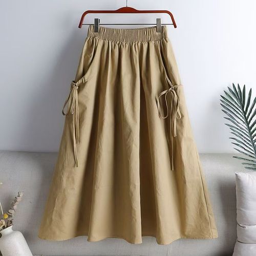Summer new half-length skirt, versatile solid color with drawstring pockets, loose-fitting work-style long skirt