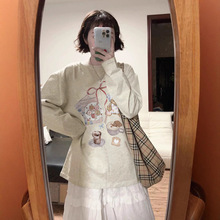 胖mm美式复古可爱小熊正肩大码长袖t恤女2025早秋宽松慵懒打底衫