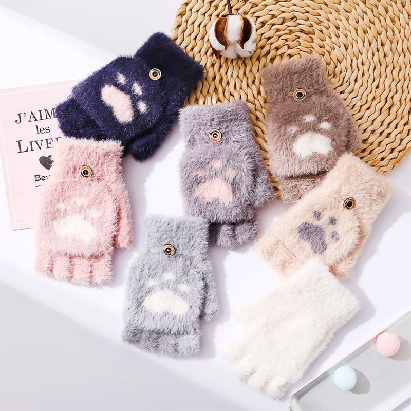 winter Plush thickening men and women student keep warm Hemidactyly Flip Cartoon write Plush lovely children Child glove