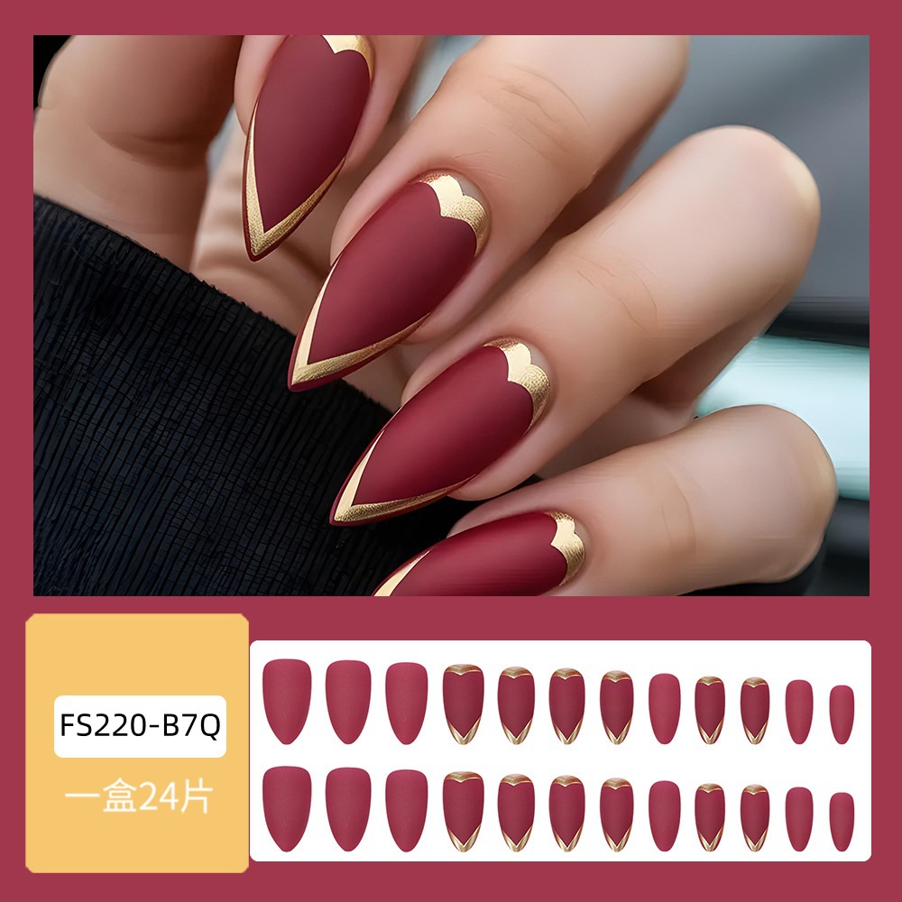 Comercio exterior 3D líneas tridimensionales LIPJIN Uña de color rojo vino francés Uña de uñas 24 piezas Uñas falsas Europa y América al por mayor