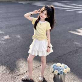 2026女童甜美多巴胺套装裙夏季时尚假两件短袖T恤可爱蛋糕裙两件