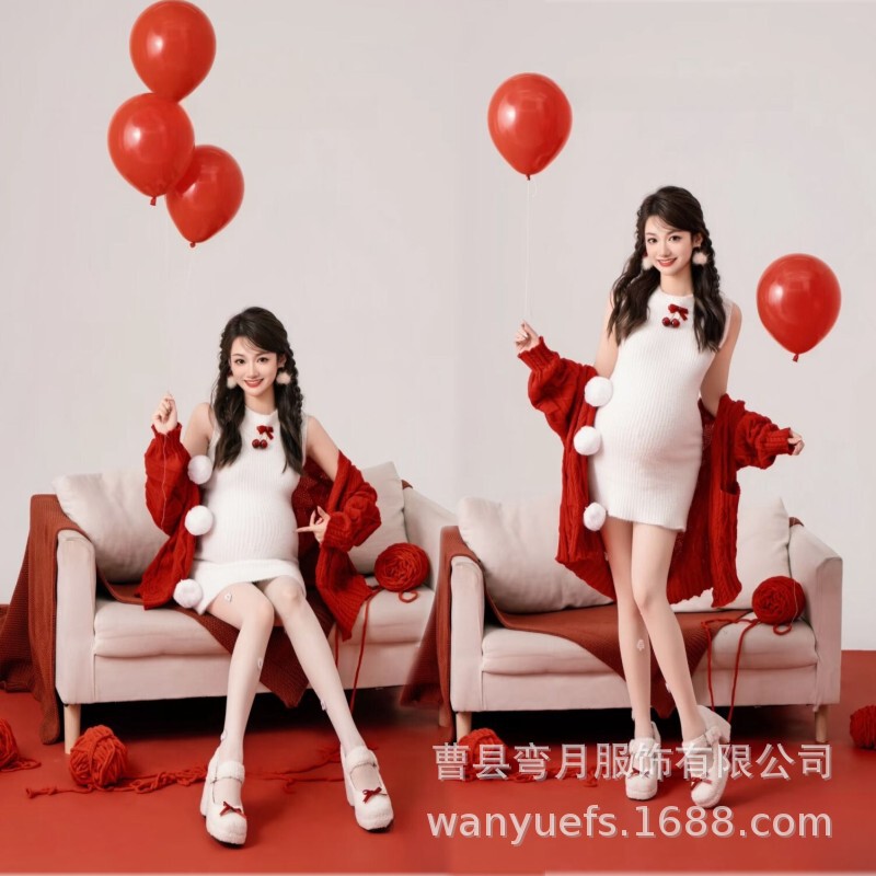 Pregnant Women Photography Clothing Photo Studio Autumn and Winter Sweater Christmas Theme New Year Red Pregnant Mommy Belly Photo Clothing
