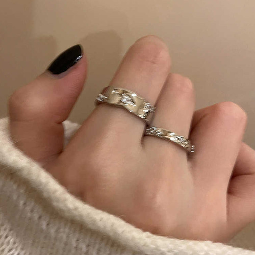 Silver-plated Circle Pendant Open Ring Set with Cold Style Elegance Couple's Finger Rings Fashion and Personality Matching Bands Trendy