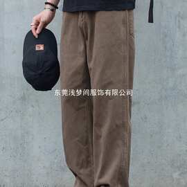 秋季新款棉工装休闲裤男日系复古水洗做旧宽松百搭阔腿直筒裤子