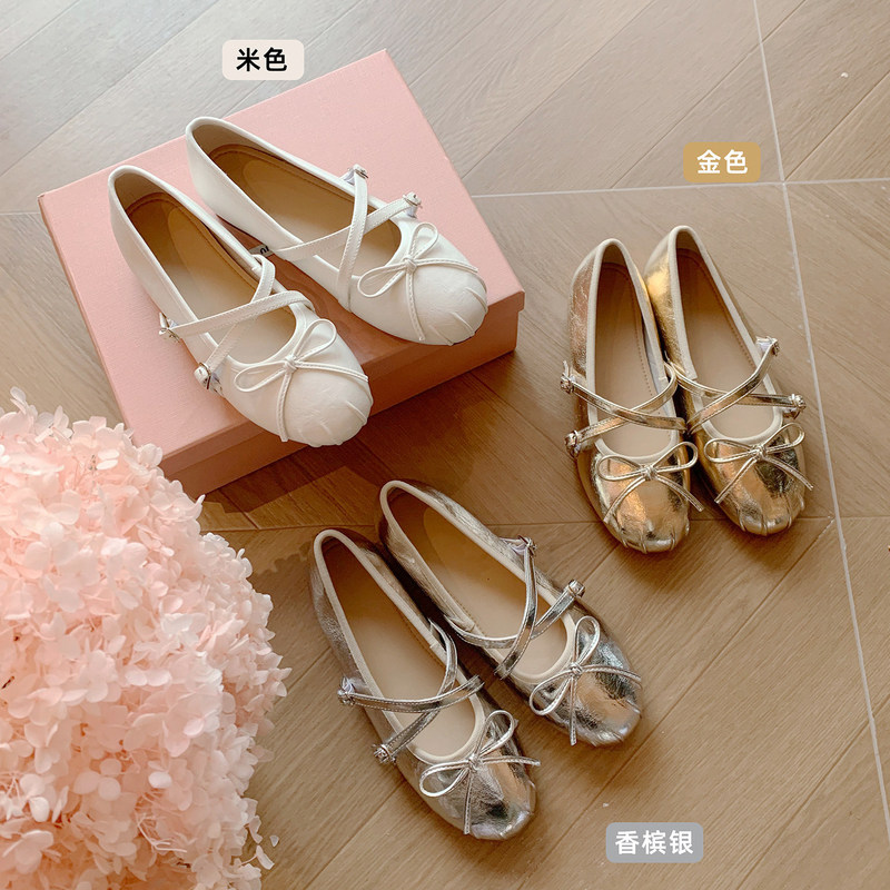 3cm Height-Increasing French-Style Mary Jane Women's Shoes 2026 Summer New Model with Bowknot, Thick-Soled, Comfortable Ballet Flats