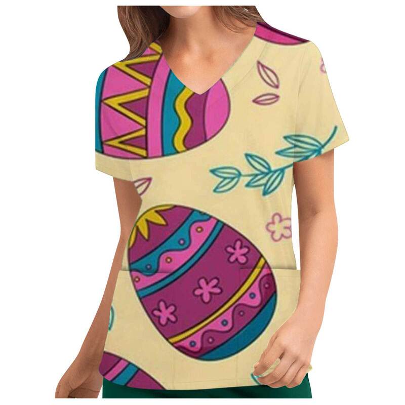 2022 European and American wish Popular Women's CloThing RabbiT Egg PrinT ShirT EasTer v Neck ShorT-sleeved BoTToming T-shirT Women's CloThing
