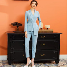 AD名媛小香风蓝色长袖西装套装职业装女修身腰带显瘦正装秋季新款