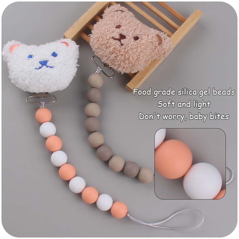 Nuevo bebé de dibujos animados de felpa cabeza de chupete clip calmante bebé DIY silicona mordida Cadena de chupete cadena anti-gota