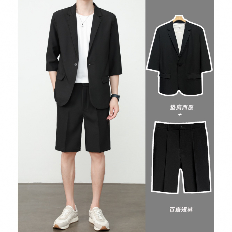 クロスボーダー夏薄手半袖スーツメンズショートパンツカジュアル七分袖ジャケット半袖スーツスーツファッション|undefined