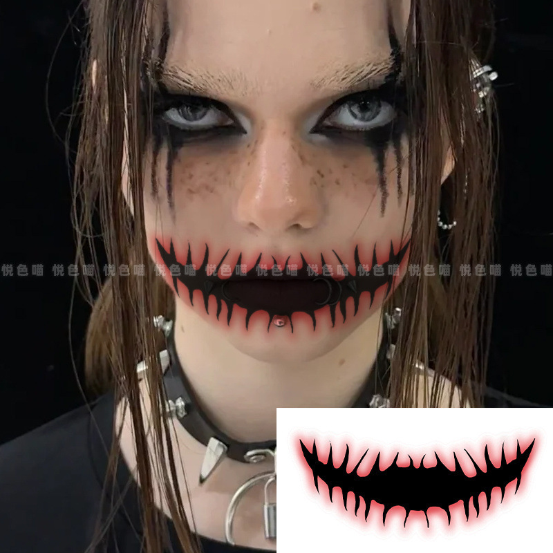 Halloween Tattoo Stickers, Scary Big Mouth, Facial Scars, Waterproof, Long-Lasting, Simulated, Disposable, High-End
