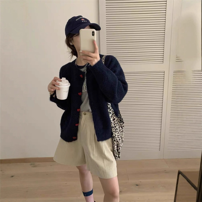 高级感爱心扣子毛衣外套女春季宽松奶fufu黄色针织开衫圆领上衣|undefined