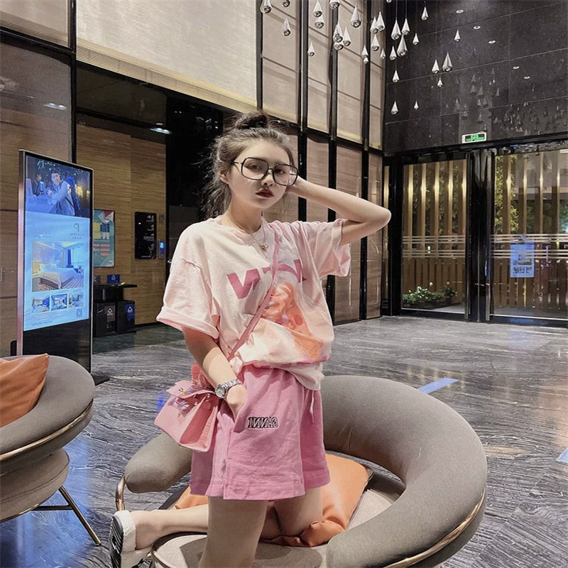 Лето 2024, свободный универсальный модный студенческий комплект из двух предметов больших размеров, повседневный спортивный костюм для девочек, женский