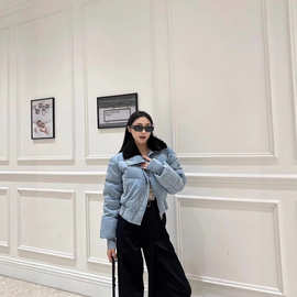 潮牌5ss秋冬新款牛仔短款羽绒服外套复古时髦搭配上蓝色毛领