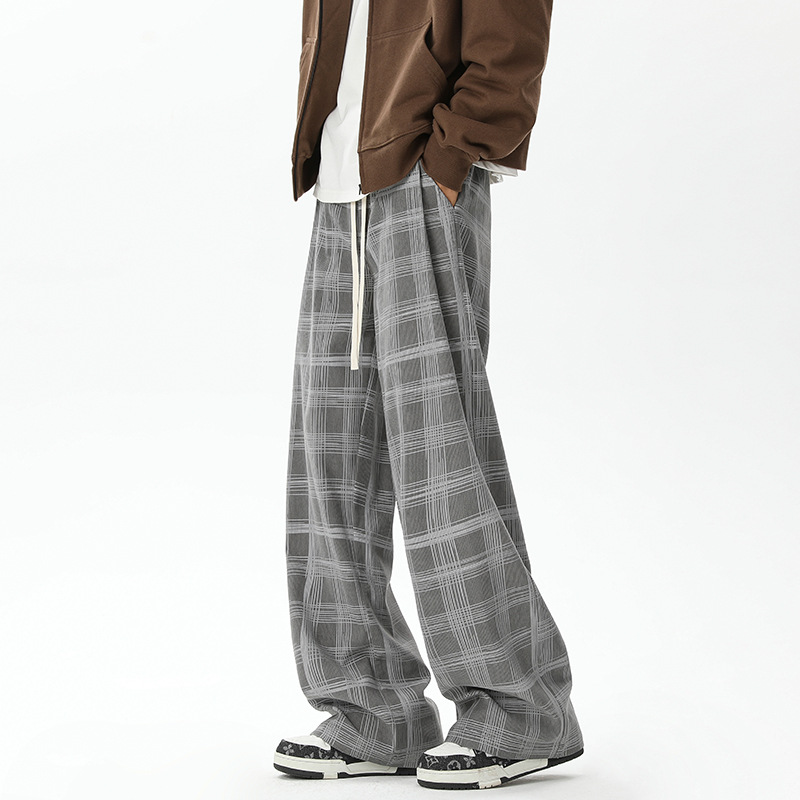 -style American Plaid Casual Pants For Men, Autumn Trendy Corduroy Loose-fit Plus-size Straight Wide-leg Trousers_voghion.com
