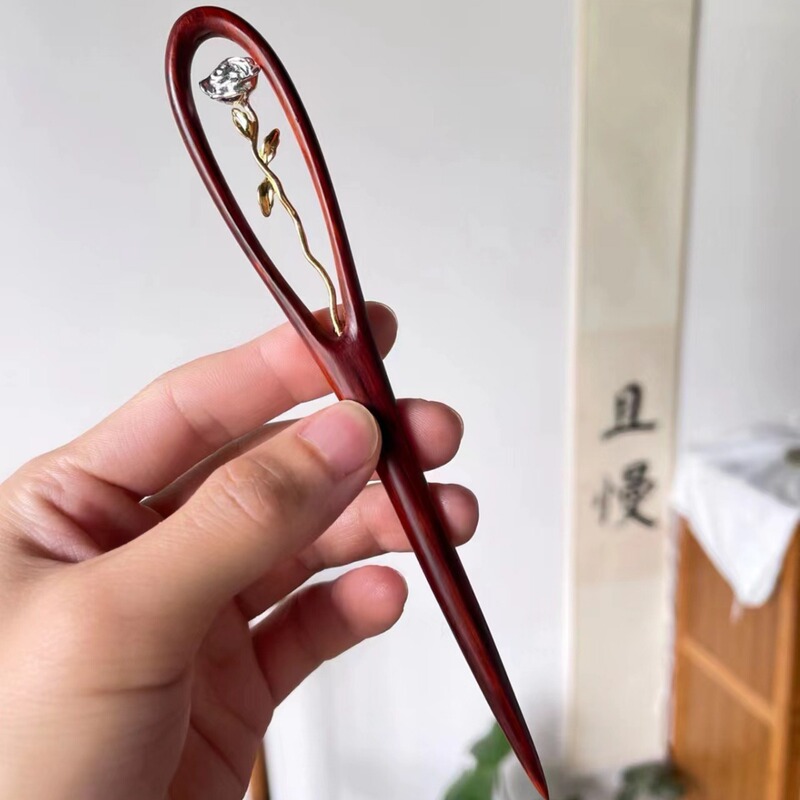 镜中花~时尚古风高级感木簪小众简约汉服盘发簪子镂空玫瑰花发簪|undefined