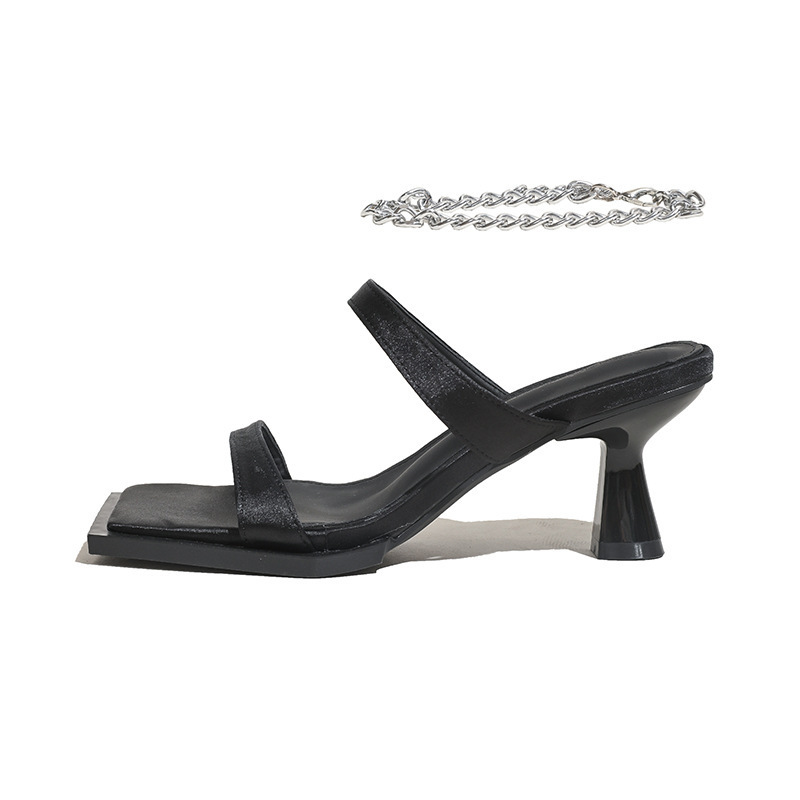 919 Wide-Foot Summer Square-Toe Open-Toe Strap High-Heeled Chain Black Sandals for Women - Limited Sizes, No Restock