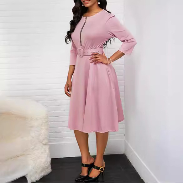 2018 autumn and winter Amazon AliExpress Brazil new waist zipper long sleeve dress women's belt