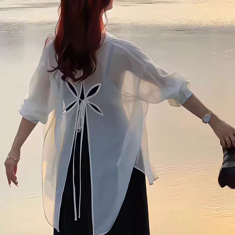 Back-Slit Tencel Shirt, New Summer Design, Niche French-Style Sheer Jacket, Sun-Protective Top for Women