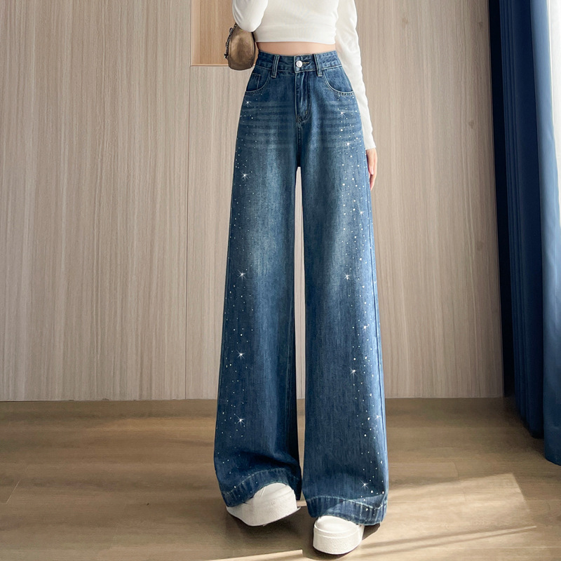 Super Stylish Retro Blue Rhinestone Wide-Leg Jeans for Women, Spring/Summer High-Waisted Loose Fit Petite Narrow Straight-Leg Pants 7602