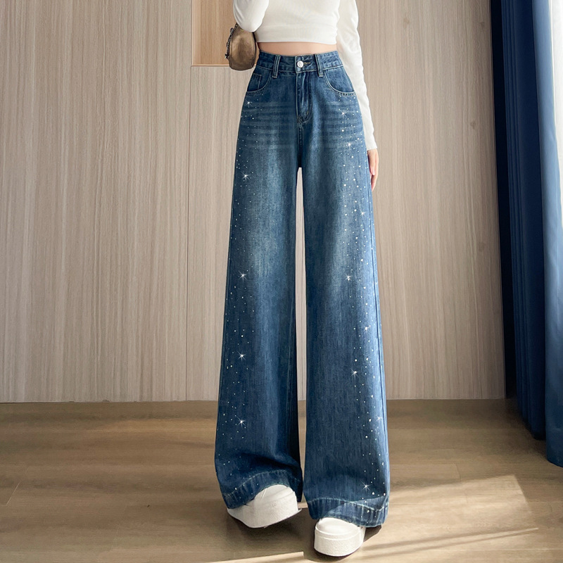 Super Stylish Retro Blue Rhinestone Wide-Leg Jeans for Women, Spring/Summer High-Waisted Loose Fit Petite Narrow Straight-Leg Pants 7602