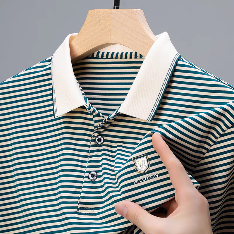 キツツキ綿メンズ半袖Tシャツ2025新作夏中年ルーズラペル半袖ポロシャツストライプ|undefined