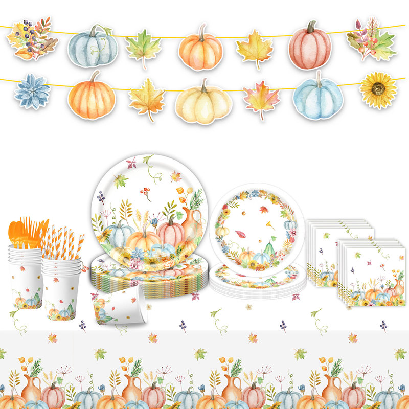 Cross-Border Thanksgiving Themed Party Maple Leaf Pumpkin Print Tableware Paper Plates Paper Cups Paper Napkins Banner Flag Set