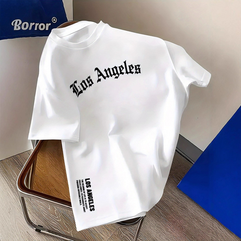 Men's Clothing Men's 100% Cotton Fashion T-Shirt Casual Loose Fit Crew Neck Short Sleeve Los Angeles Letter Print Comfortable Wear Top_voghion.com