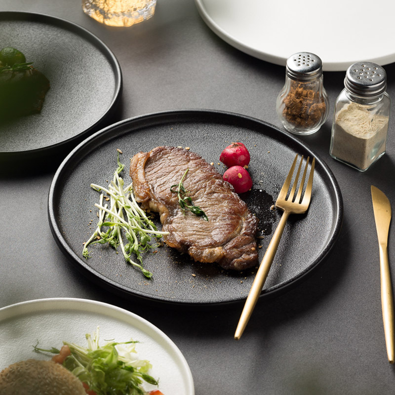 White Quicksand Plate Steak Plate Western Food Plate Black Frosted Flat Plate Hotel Restaurant Creative Dish Plate Special Presentation White Quicksand Plate Steak Plate Western Food Plate Black Frosted Flat Plate Hotel Restaurant Creative Dish Plate Special Presentation