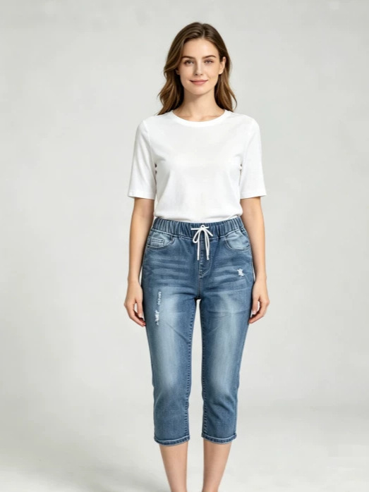 Jeans Capri Rotos para Mujer de Mezclilla, Alta Elasticidad y Cintura Elástica image 1