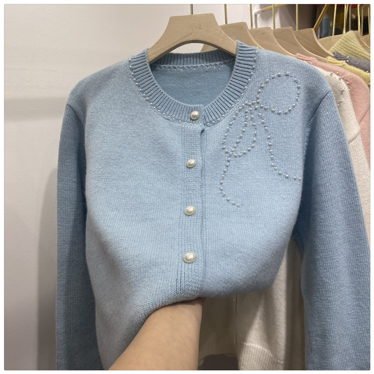 Women's Clothing Chic Embellished Bow Knit Cardigan For Women - Autumn Casual Long Sleeve Open Front Sweater (Blue, Yellow, Gray, Beige, Pink)​_voghion.com