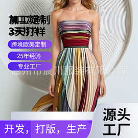 外贸2025春季新款亚马逊欧美女装气质性感抹胸印花彩色礼服连衣裙