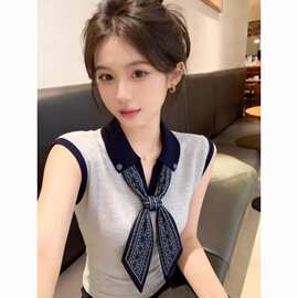 金步康时尚撞色配丝巾设计感小众恤女 新款外穿高级感气质无袖显