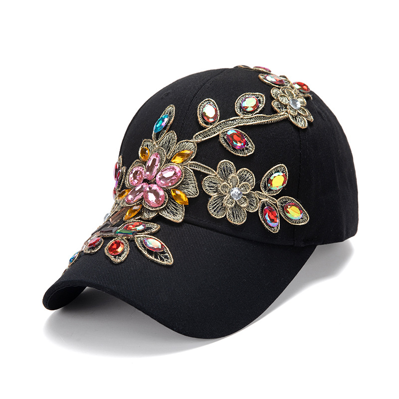 Boné de beisebol de algodão para mulher com strass e girassol_voghion.com