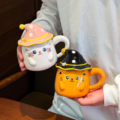 帽子クリエイティブかわいい猫マグカップ蓋付き幽霊カップ女子陶磁器高颜値漫画家庭用コップ