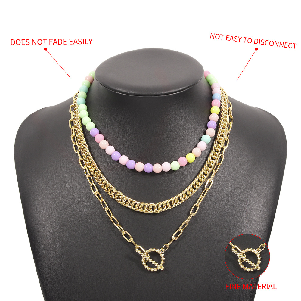 N9317 European and American Style MultiLayer Twin Necklace OT Buckle Chain Color Beads Necklace Exaggerated Geometry Metal Necklacepicture5
