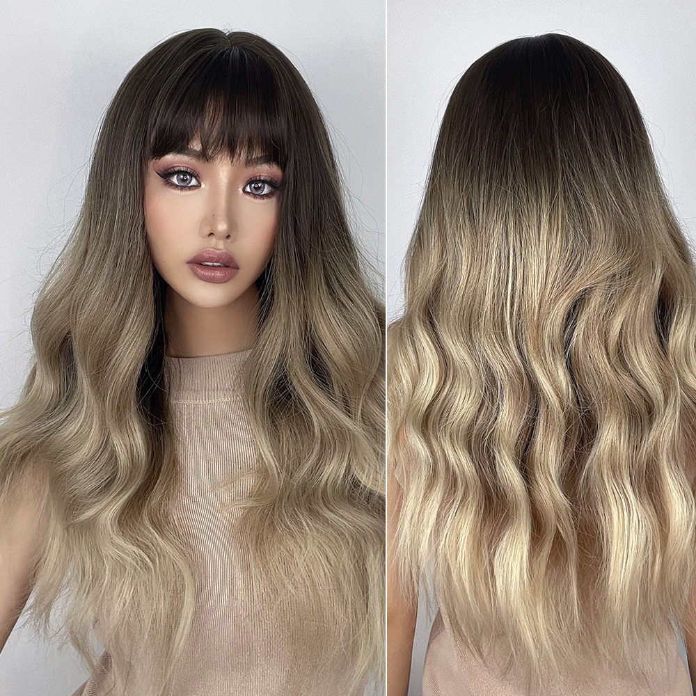 Amazon comercio exterior de las mujeres europeas y americanas gradiente Bangs marrón largo pelo rizado natural mullido transpirable peluca cabeza cubierta